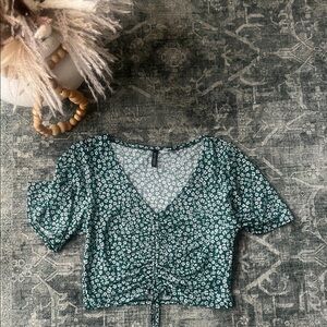 Divided Green Floral V-Neck Ruched Tie-Front Crop Top